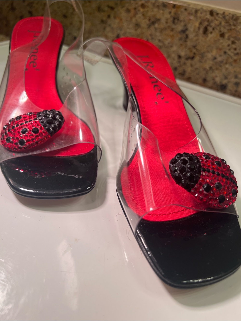J Renee Size 6.5M Red Clear Strap 2.5” Heels with Ladybug Crystal Accent
